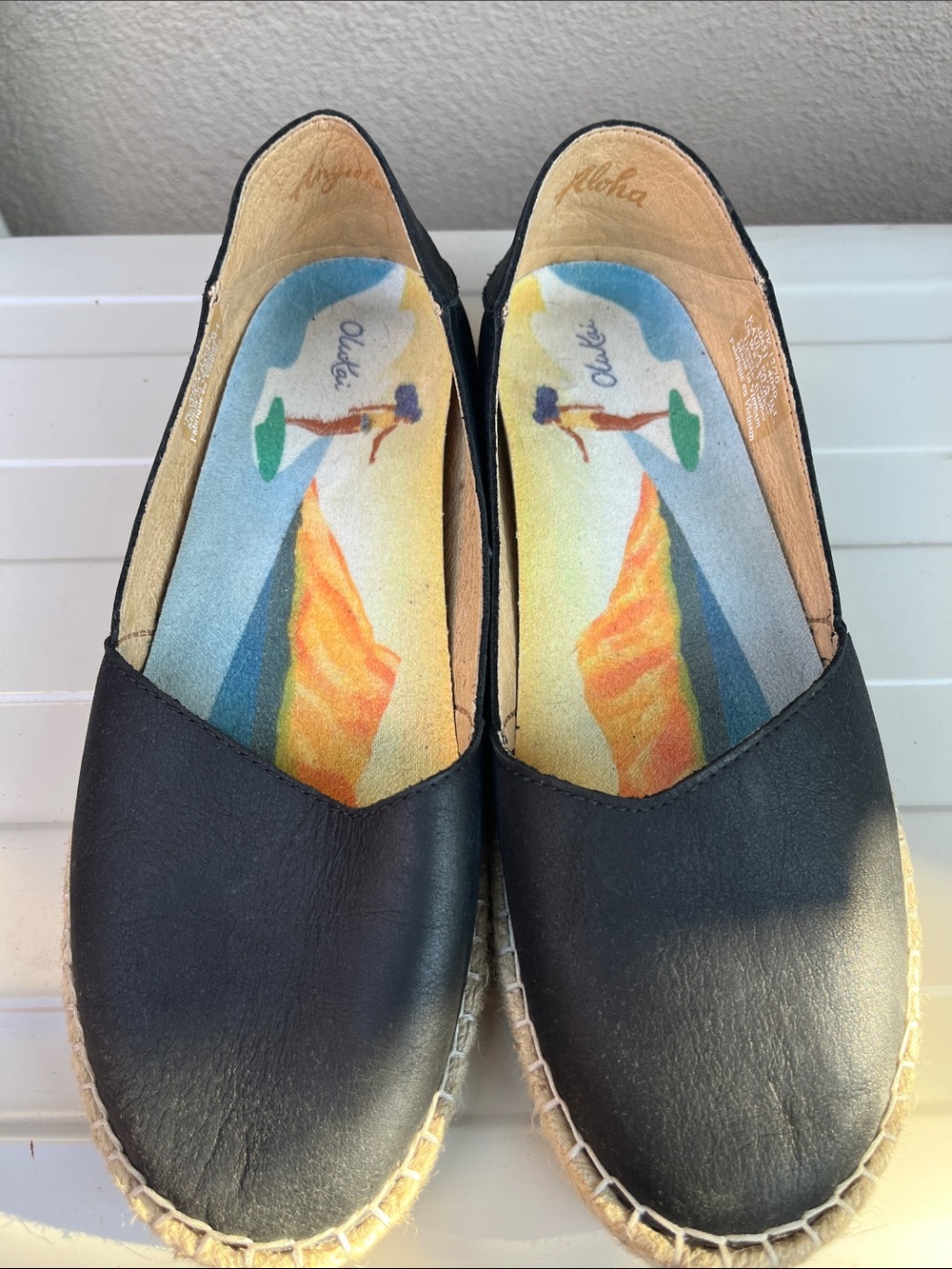 Women's OluKai Kaula Pa'a 'Ili Leather Slip-On Espadrille Flat-Black Size 8.5